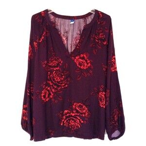 Vtg Old Navy Blouse Wn L Burgundy Dark Floral Fairy Goth Romantic Vamp Top Y2K